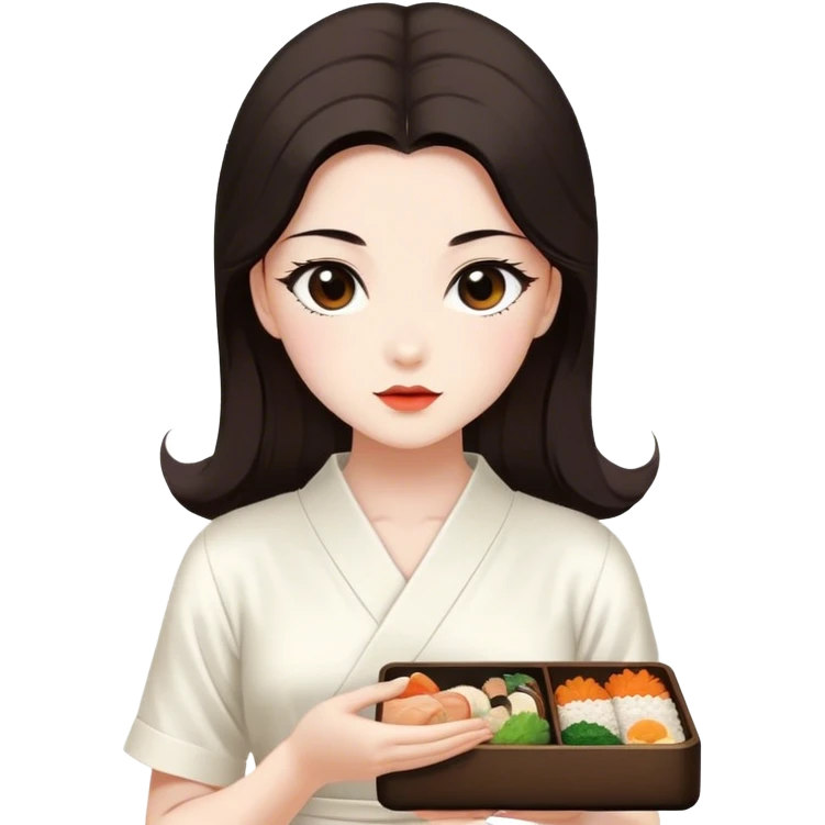 Beautiful woman in 1950’s woman fashion look, white dress, long dark brown hair, Japanese bento emoji