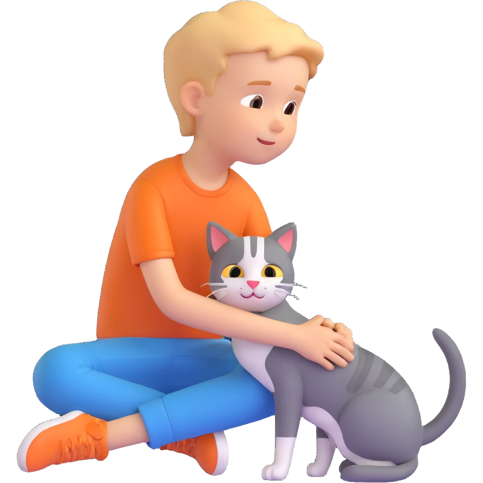boy and cat pet in forrest background, close up pose emoji