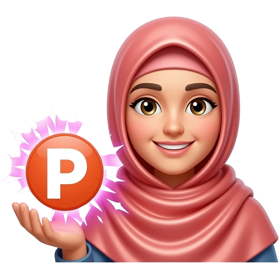 A beautiful young Muslim woman in a shimmering coral hijab, holding a glowing, 3D Patreon logo (the round 'P' icon) that emits warm pink and white sparks. Text below: 'What do they get in?'. Clean white background, high-quality sticker style emoji