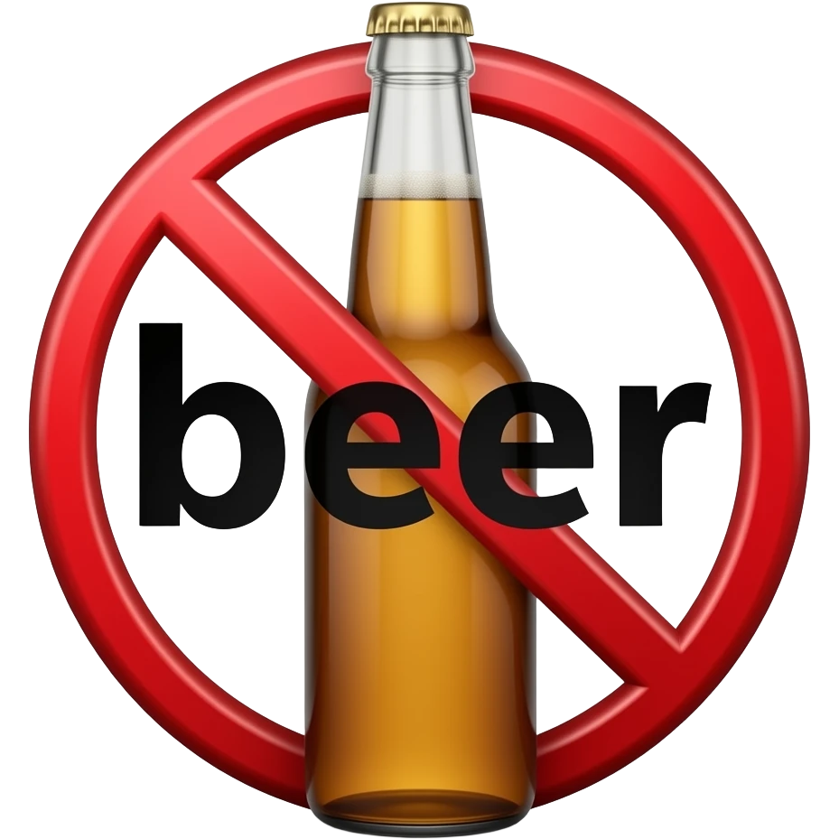 Минималистичный эмодзи-стиль: изображение бутылки пива с надписью "пиво", перечеркнутой красным крестом или запрещающим знаком. Чистый фон, простые формы, яркие цвета, плоский дизайн, как у стандартных эмодзи. Символизирует "не пил" или отказ от алкоголя. emoji