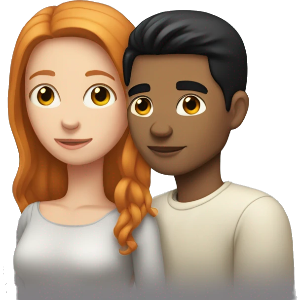 young Man with straight black hair and young ginger woman cuddle emoji