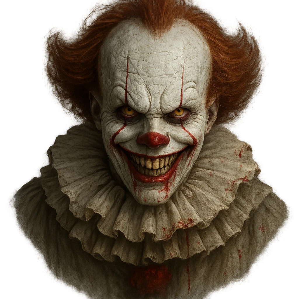 Creepy clown inspired by Pennywise, scary smile, subtle blood details, horror theme, unsettling emoji