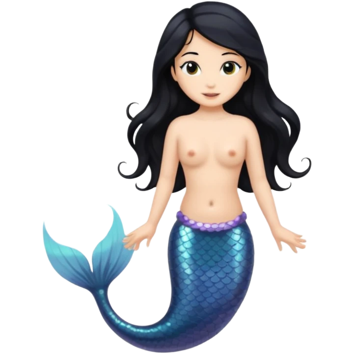 Mermaid with black hair and black and brown tail. Long hair covering chest. emoji