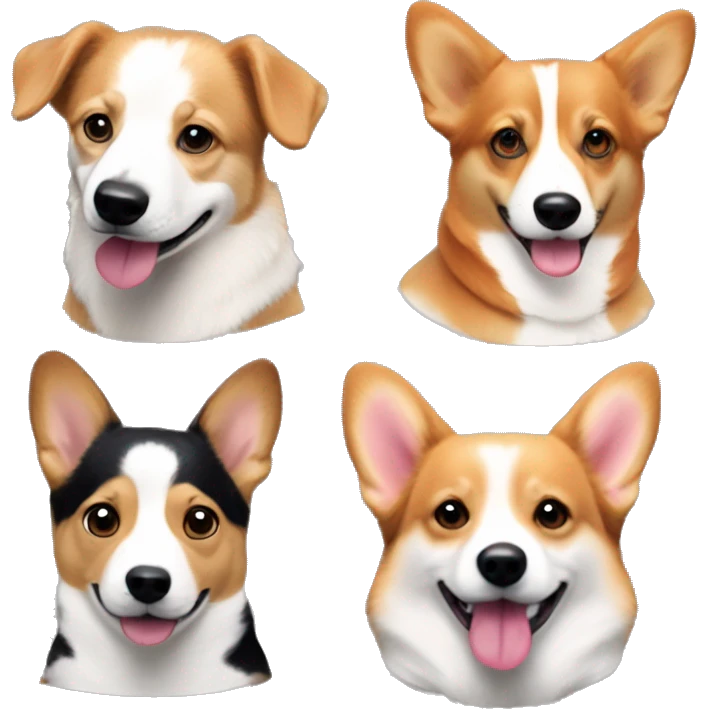 White Woman with straight pink bob hair, white man with curly hair, tricolor corgi and brandle corgi emoji