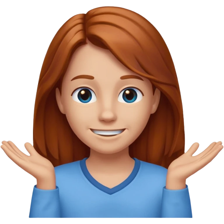 shrugging happy emoji tween long auburn hair light blue shirt with a darker blue L emoji