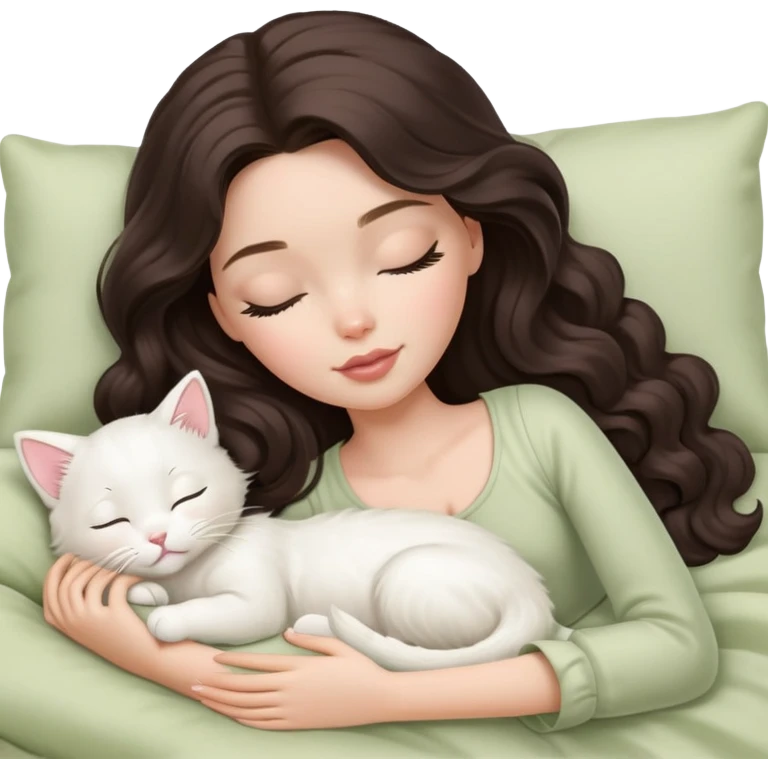 White Barbie girl dark brown long wavy hair sleeping with white kitty at pale olive bed emoji