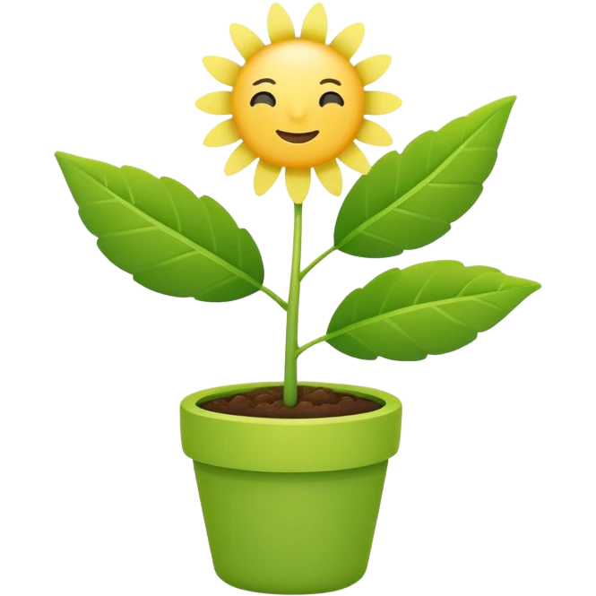Create a cute, minimal flat emoji of a healthy green plant growing happily under the bright sun. Bright yellow sun above, vibrant green leaves, strong stem, small flowers optional, vector style, simple white background, cheerful and uplifting. emoji