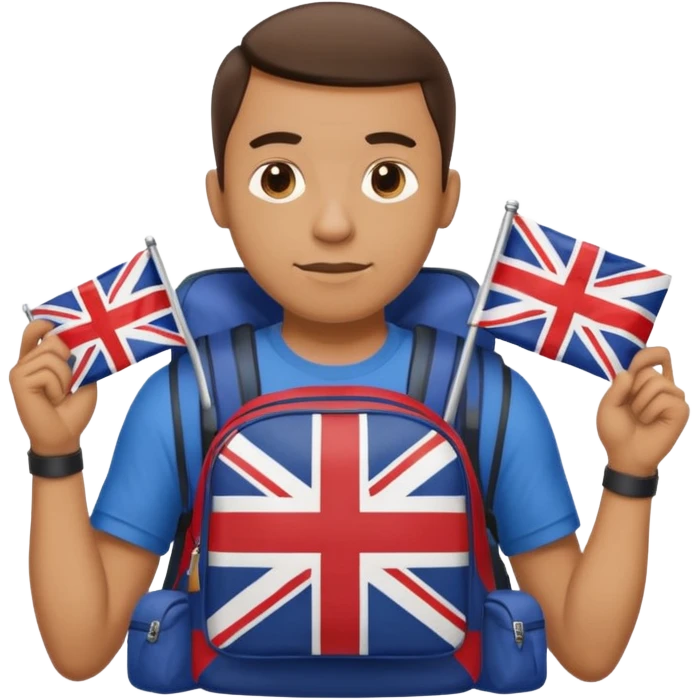 A guy with a backpack and a Union Jack on his T-shirt holds the Union Jack. emoji