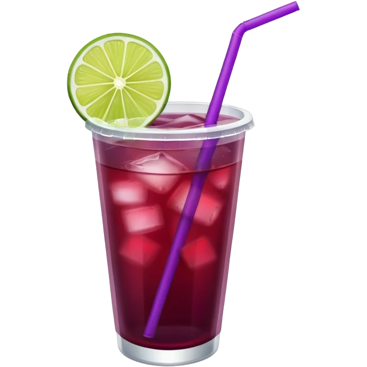 maroon purple cocktail with a lime wedge in the drink in a plastic cup with lid and straw - no lime on edge

 emoji
