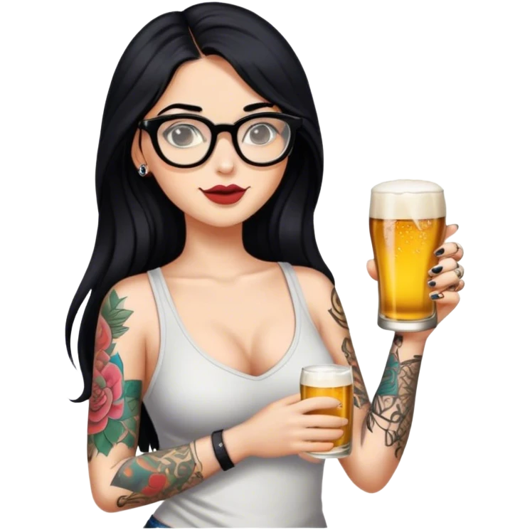 A beautiful woman with long black hair, wearing slippers that stand out, glasses on her face, tattoos on her arm, and holding a beer in one hand. emoji