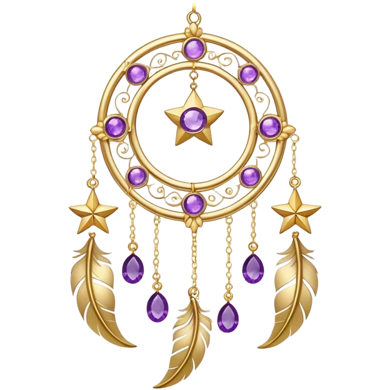 Epic beautiful gorgeous cute gold suncatcher, threads with shiny sparkly amethyst gemstones, flowers, crescents-moons, stars, gold Feathers  emoji