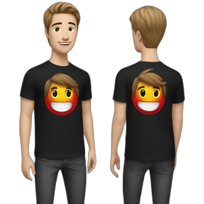 Two twin guys with a smile, medium hair black, red T-shirt with the inscription Prada emoji