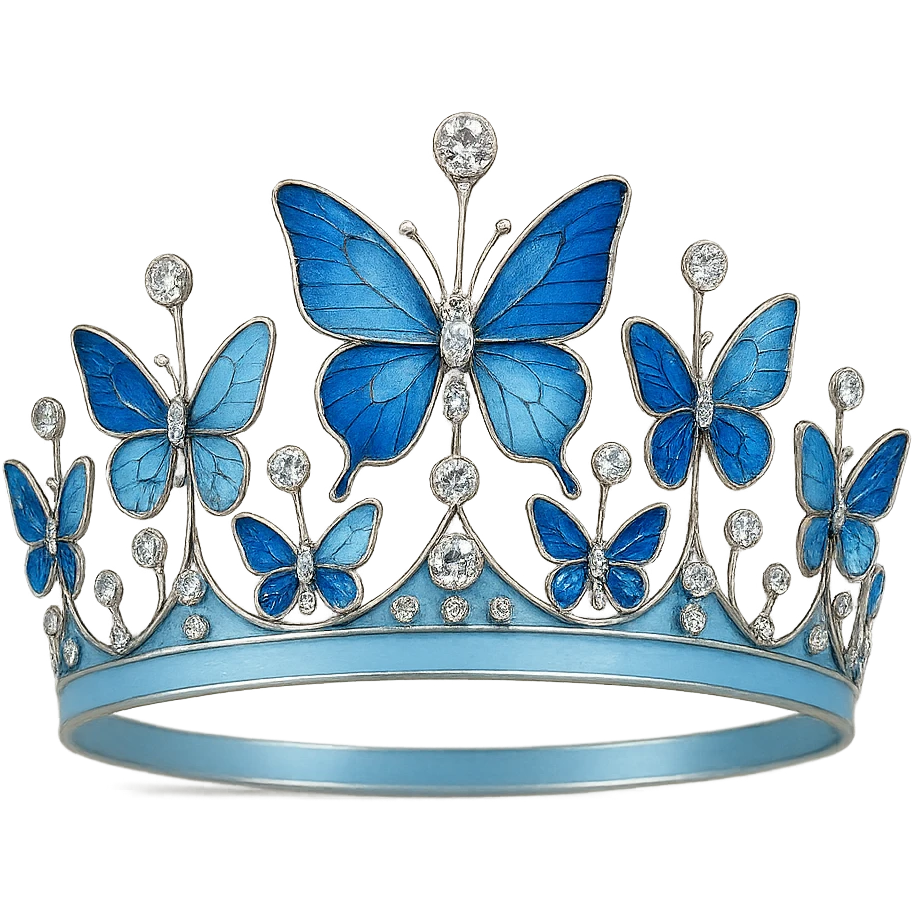 butterfly crown with a sky blue base, butterflies in various blue enamel shades, sparkling gems emoji