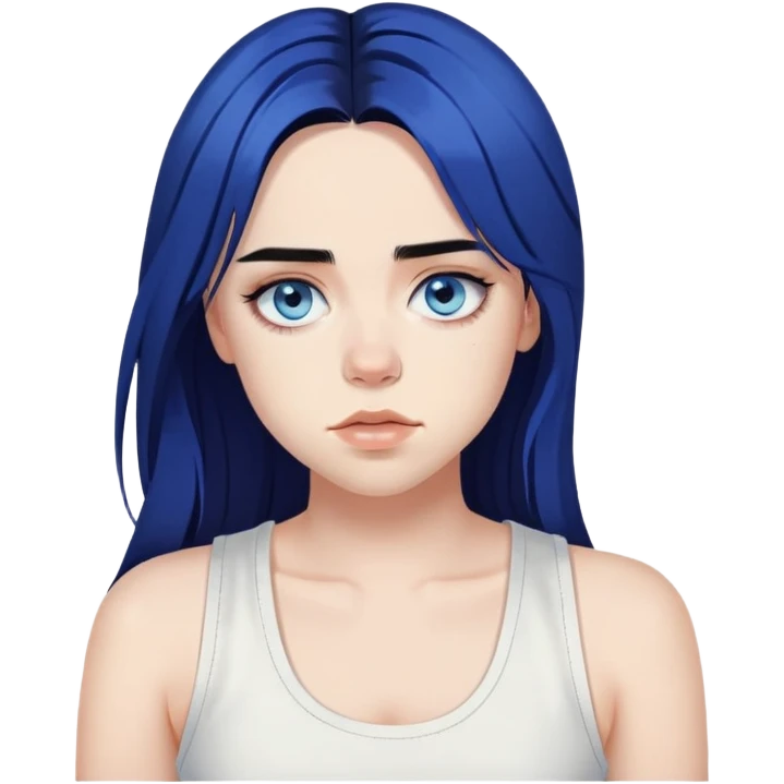 billie eilish long black hair blue eyes dark eyeliner makeup, wearing white singlet emoji
