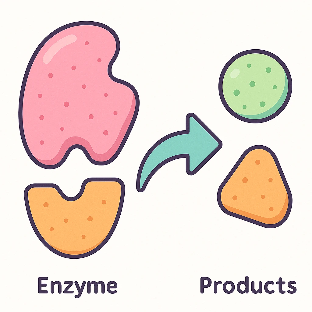 Ultra-detailed scientific illustration  (like in a school book) of enzyme digestion. Macro molecular view, clean white background, no text, no human figures or cartoon characters. Purely biological focus and really detailed emoji