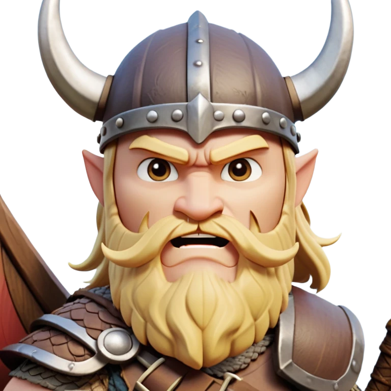 clash-of-clans-aesthetic_-cinematic-comical-viking-portrait-emoji, head tilted dramatically with an exaggerated, fierce expression and wide, comically expressive eyes, featuring a rugged yet cartoonish build with a quirky Viking helmet, standing boldly at the prow of a dragon-headed longship, its intricate dragon details carving through icy waters with epic determination. emoji