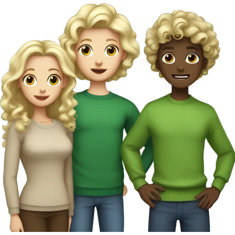 Family, two sisters, one blonde in a green sweater and curls, another sister with chocolate hair, in the middle, tall brother with dark hair emoji