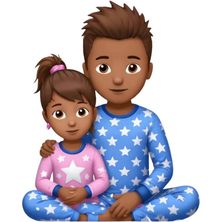 4 year old brown spikey haired boy with blue pajamas with stars on them and a 1 year old brown haired pony tail girl with pink pajamas, and stars on them emoji