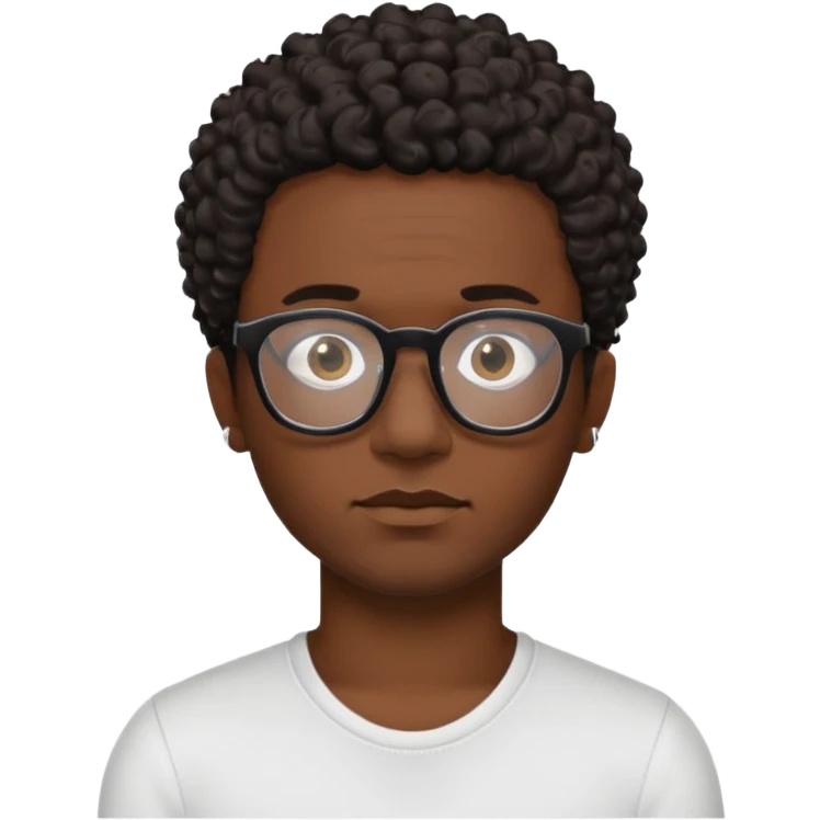 black man with short dark brown curly hair, black glasses, small tattoo on neck emoji
