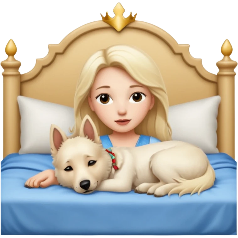 White Belgian shepherd dog with Brown eyes sleeping On a Princessbed with a blonde lady with blonde hair emoji