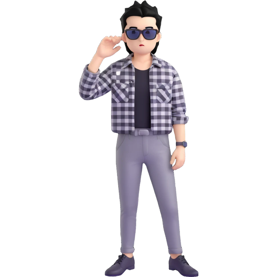 Satoru Gojo from Jujutsu Kaisen with spiky black hair, wearing black and white checkered shirt, black pants, confident expression, sunglasses on top of head emoji
