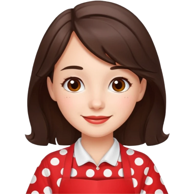 A brunette housewife girl in a red apron with white polka dots. Smiling  emoji