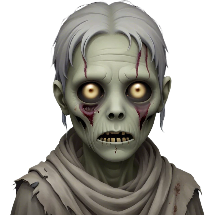 Cinematic Noble Zombie Portrait Emoji, Surprisingly dignified and somber, with a decaying yet strangely regal visage in ashen grays and muted tones, draped in tattered attire hinting at a lost grandeur, simplified yet meticulously detailed, glowing with a soft, eerie radiance and a gentle outline that evokes the tragic nobility of the undead! emoji