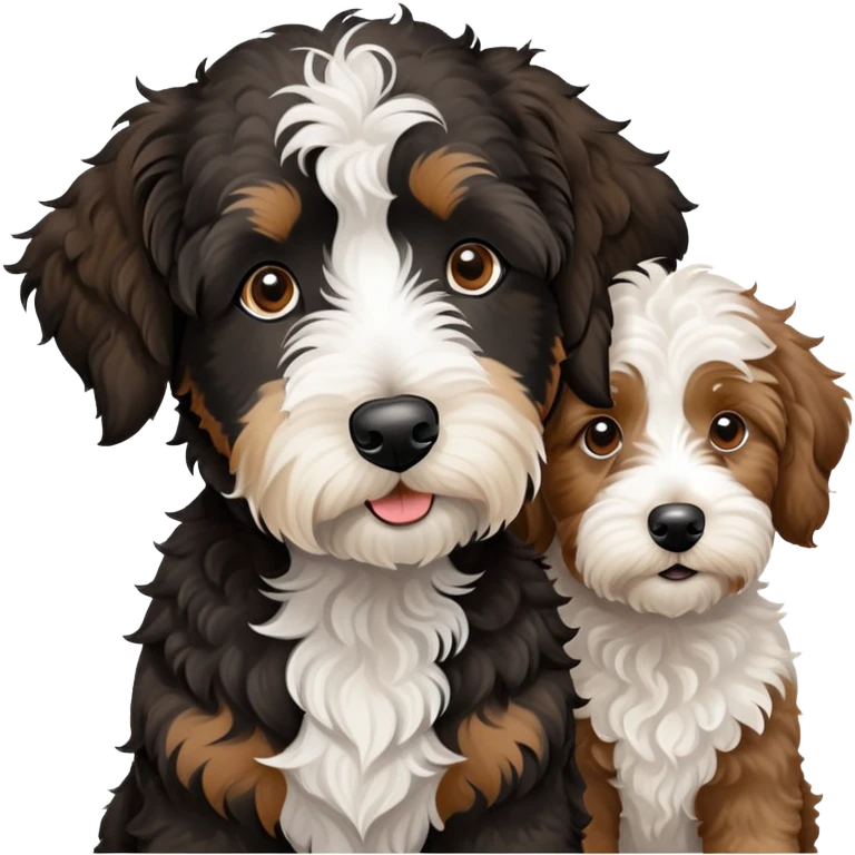 2 dogs: one light brown Aussiedoodle, one all-black Bernedoodle with white eyebrows some white markings, no brown coloring. Both same size. emoji