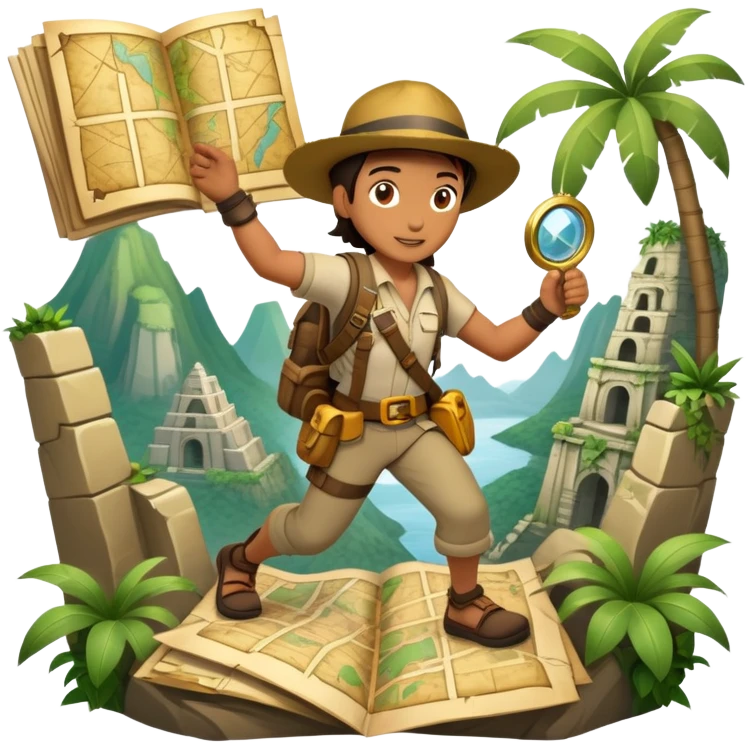 An icon featuring an adventurer in a dynamic action pose, with treasure maps, ancient ruins, and jungle landscapes in the background. The design includes clues, hidden passages, and climbing gear, symbolizing the thrill of exploration and discovery. Transparent background. emoji