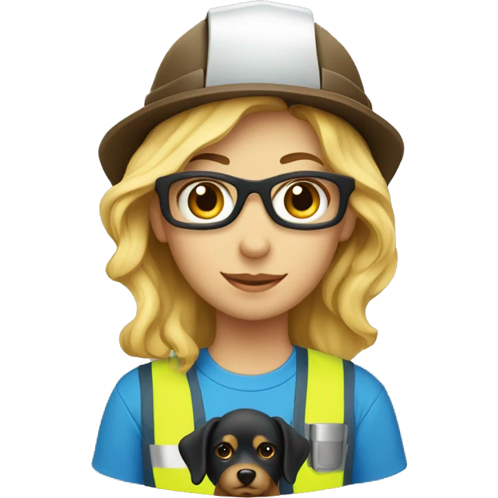 Blonde Construction worker wearing a hat and blue work wear with small black and brown curly dog  emoji