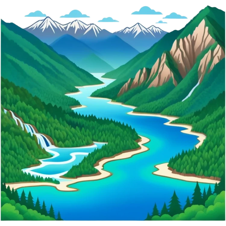 Jiuzhaigou Valley colorful lakes, simplified emoji style with bold outlines and bright colors, cartoon style blue water with mountains emoji