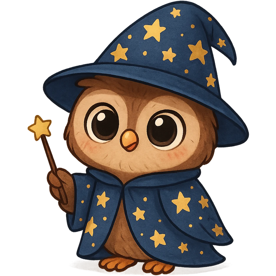 A cute cartoon owl dressed as a wizard, with a starry hat and cloak, big eyes, holding a tiny wand. emoji