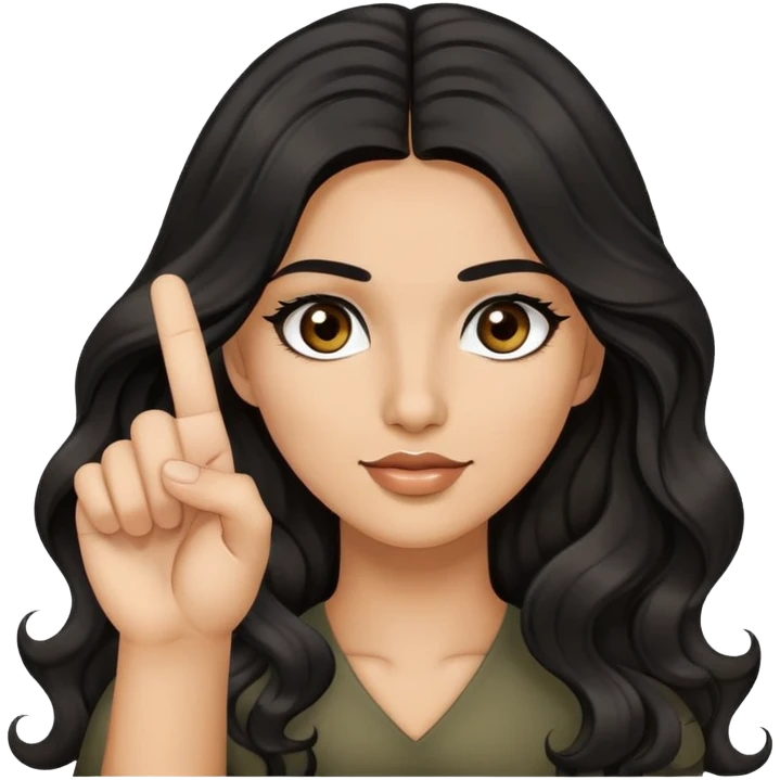 woman with olive skin, brown eyes and long lashes, and long black wavy hair holding up one hand and showing her one middle finger emoji