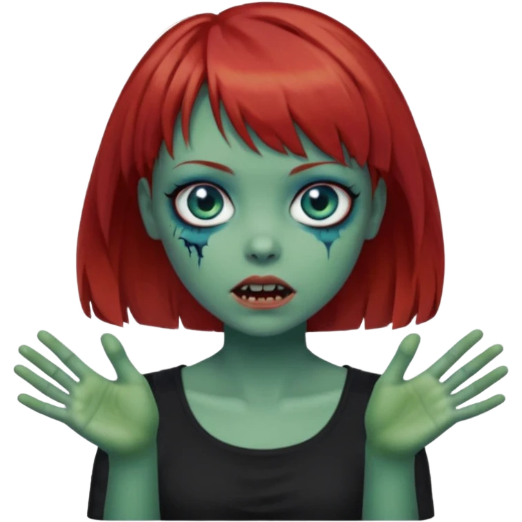 Zombie girl emoji with short red hair and bangs. Blue eyes, green skin, and a black top Her hair is slightly wavy and she has her hands outstretched in front of her.  emoji