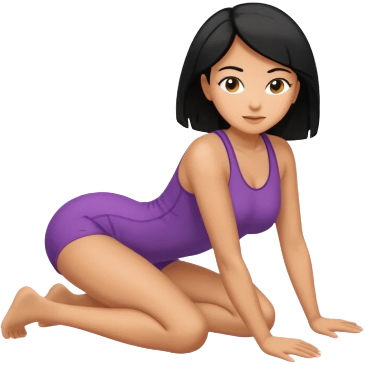 Tan woman with black hair hands and knees on floor arched back emoji