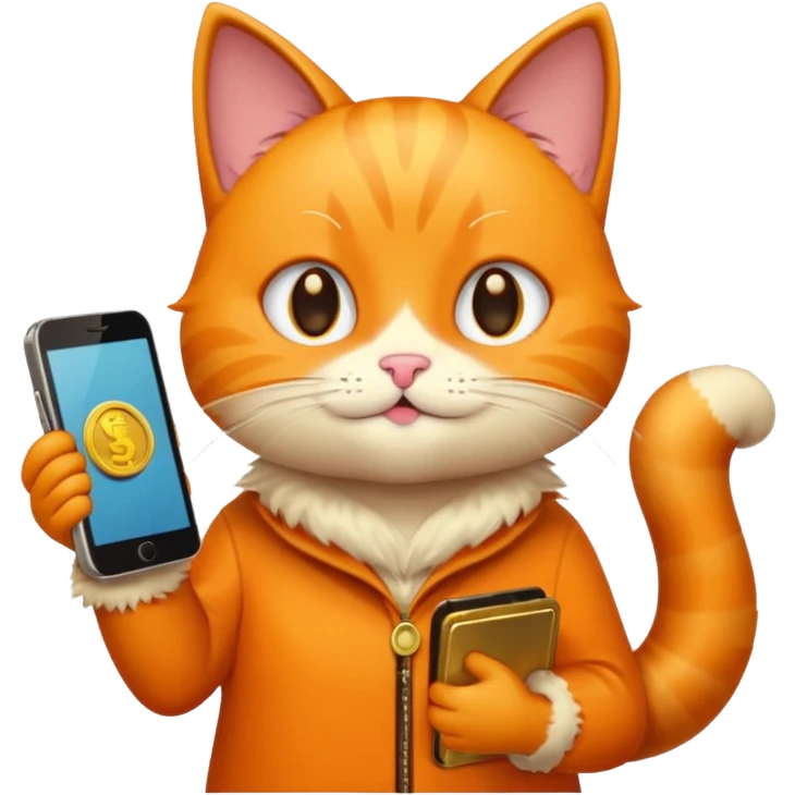 thankful cat emoji with phone displaying screenshots, gold coins around, white background emoji