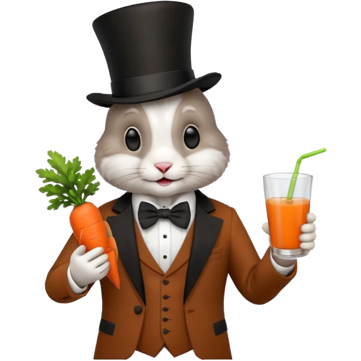 rabbit wearing suit, bowtie and top hat, holding glass of carrot juice emoji