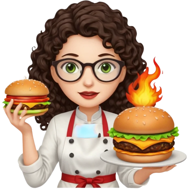 A female chef with glasses, dark brown long curly hair, White skin,Green eyes and setimg a burger on fire emoji