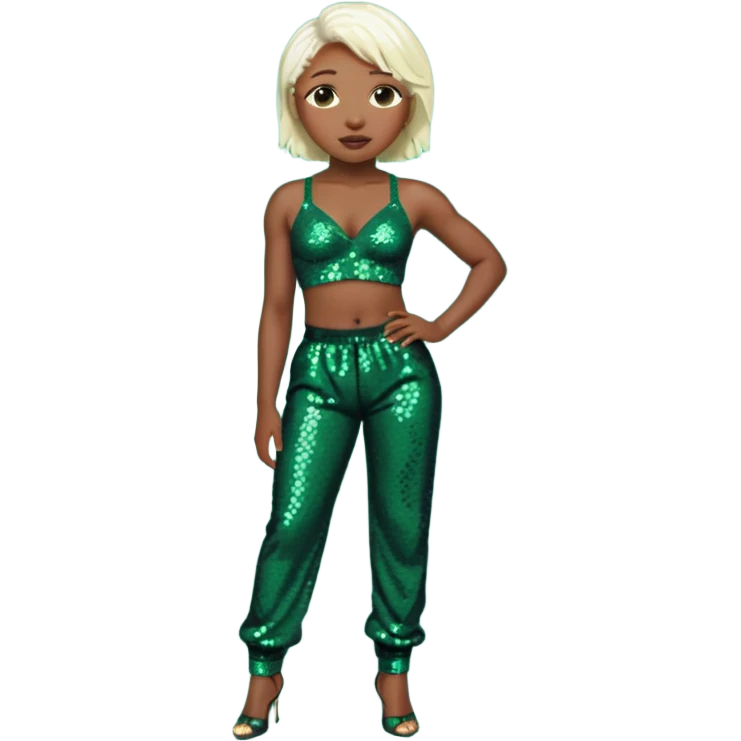 Cynthia Erivo with platinum blonde hair, dark sequin bra, dark green sequin baggy pants  emoji