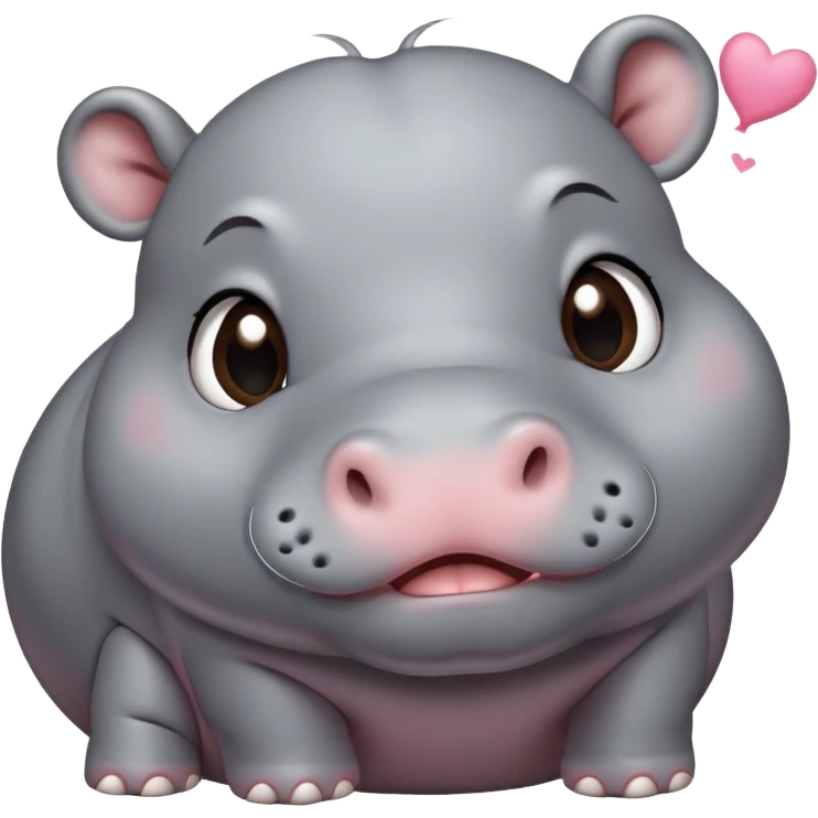 A cute little realistic contented hippo with brown/black eyes and gray skin tone blows a kiss emoji