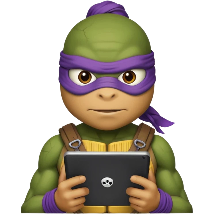 Donatello from Teenage Mutant Ninja Turtles, emoji style, with a tablet showing a hacking screen and a determined look emoji