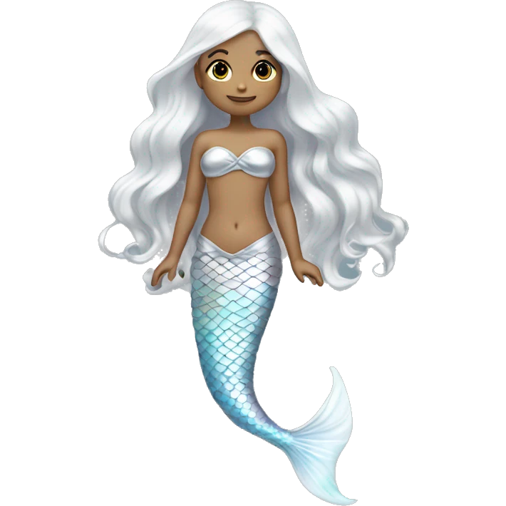 Iridescent silver mermaid tail full body tan girl long white hair emoji