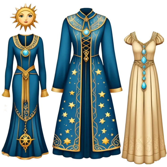 Tarot style wardrobe card showing elegant clothing items with celestial symbols, mystical style definition emoji