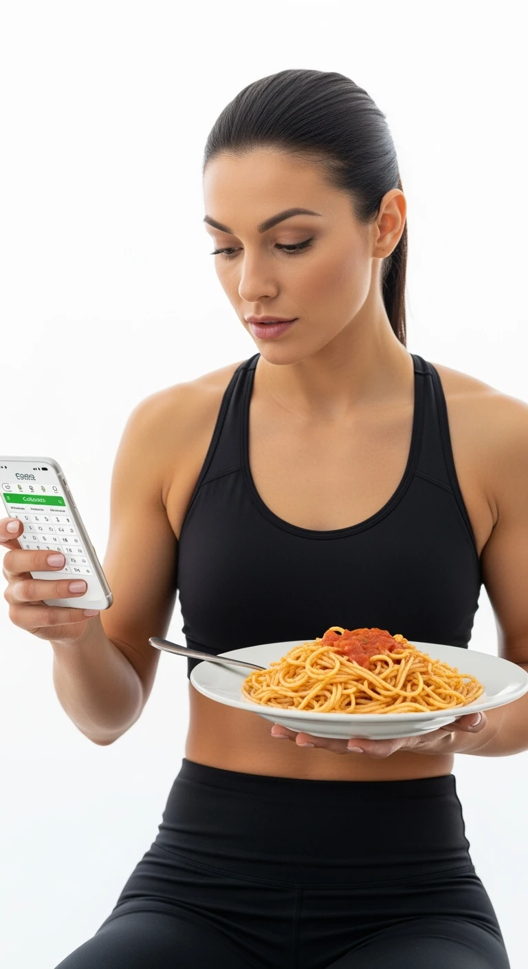donna fitness che calcola ossessivamente le calorie di quello che sta mangiando: in mano ha un piatto di pasta e nell'altra mano ha lo smartphone per segnare tutti gli alimenti, sfondo bianco emoji