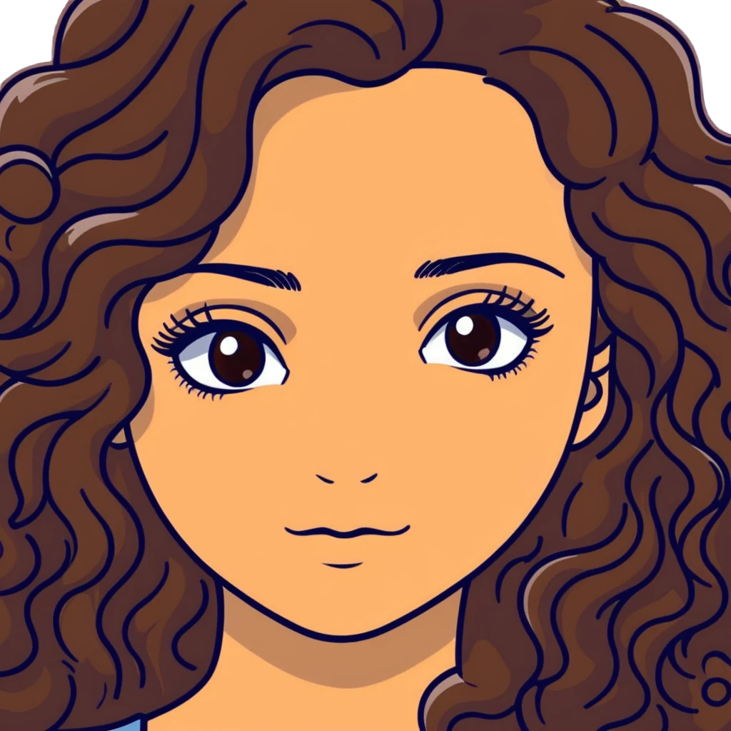 young woman with long curly brown hair, hazel eyes, long eyelashes emoji