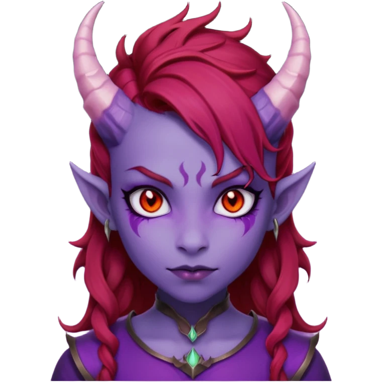Demon Girl Purple Skin Dragon Horns Black Eyes Red Glowing Pupils Auburn Haired Red Shirt  emoji