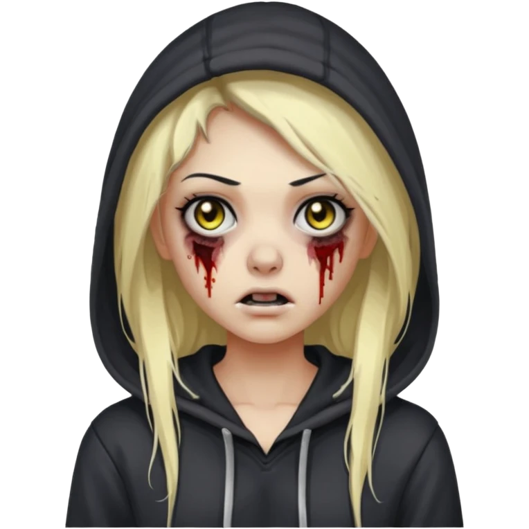 Draw a zombie girl with dark black hair with blonde highlights, long hair, and a hoodie. emoji