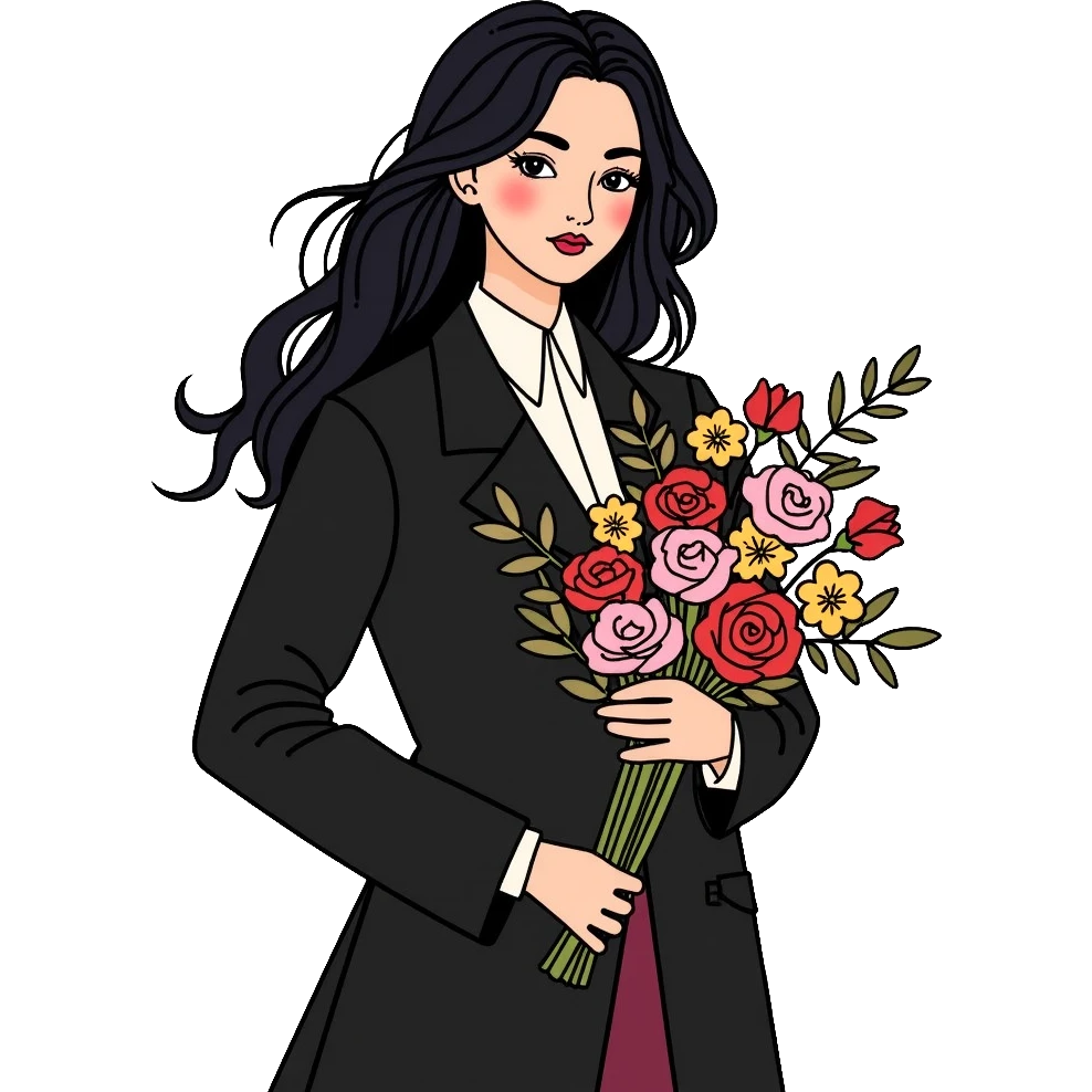 beautiful girl with long black hair wearing a black coat holding a bouquet of flowers emoji