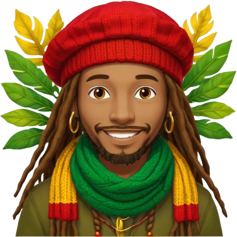 “Create a powerful illustrated portrait of a smiling man with long dreadlocks, wearing a colorful red, gold, and green knitted tam. The background has jungle leaves and warm lighting. Style: vibrant digital art, modern, bold lines, reggae vibe. With a Amsterdam colour scarf around his neck emoji