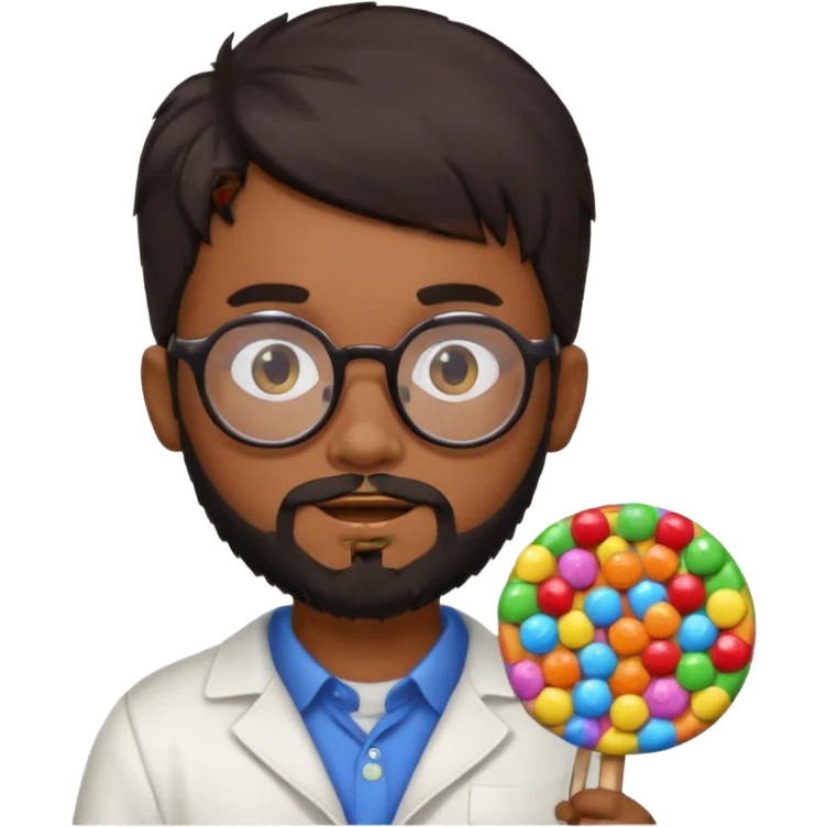 Brown boy, round face with black beard and hair and glasses holding candy emoji